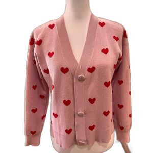 Heart Print Cardigan XS Pink Red Button Front V Neck Knit Romantic Valentine